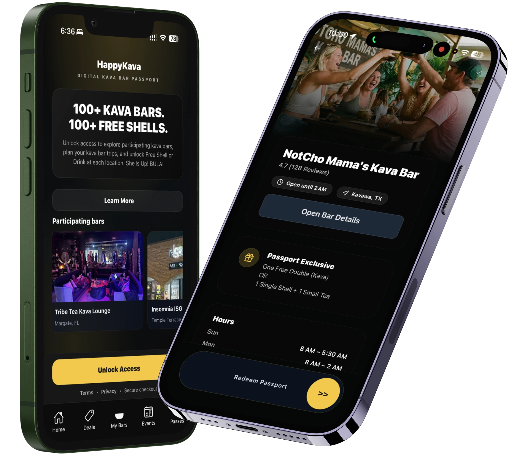 HappyKava Passport app screens showing participating kava bars and a live Passport redemption experience.